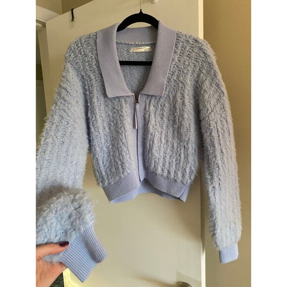 By Anthropologie Zip-Up Brushed Fuzzy Sweater Cardigan Sky Blue Size Small EUC - Picture 9 of 12